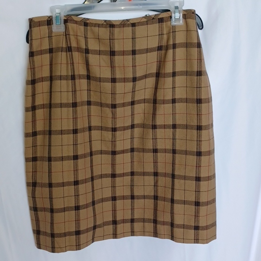 Casual Corner Vintage plaid pencil skirt, tan/black/red, lined, sz 12